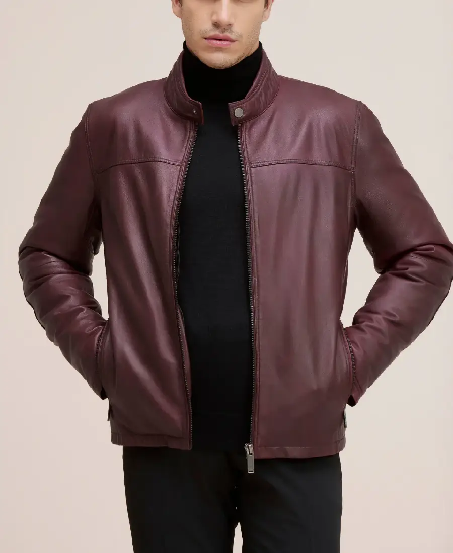 Man's Bowen Burgundy Leather Jacket Front