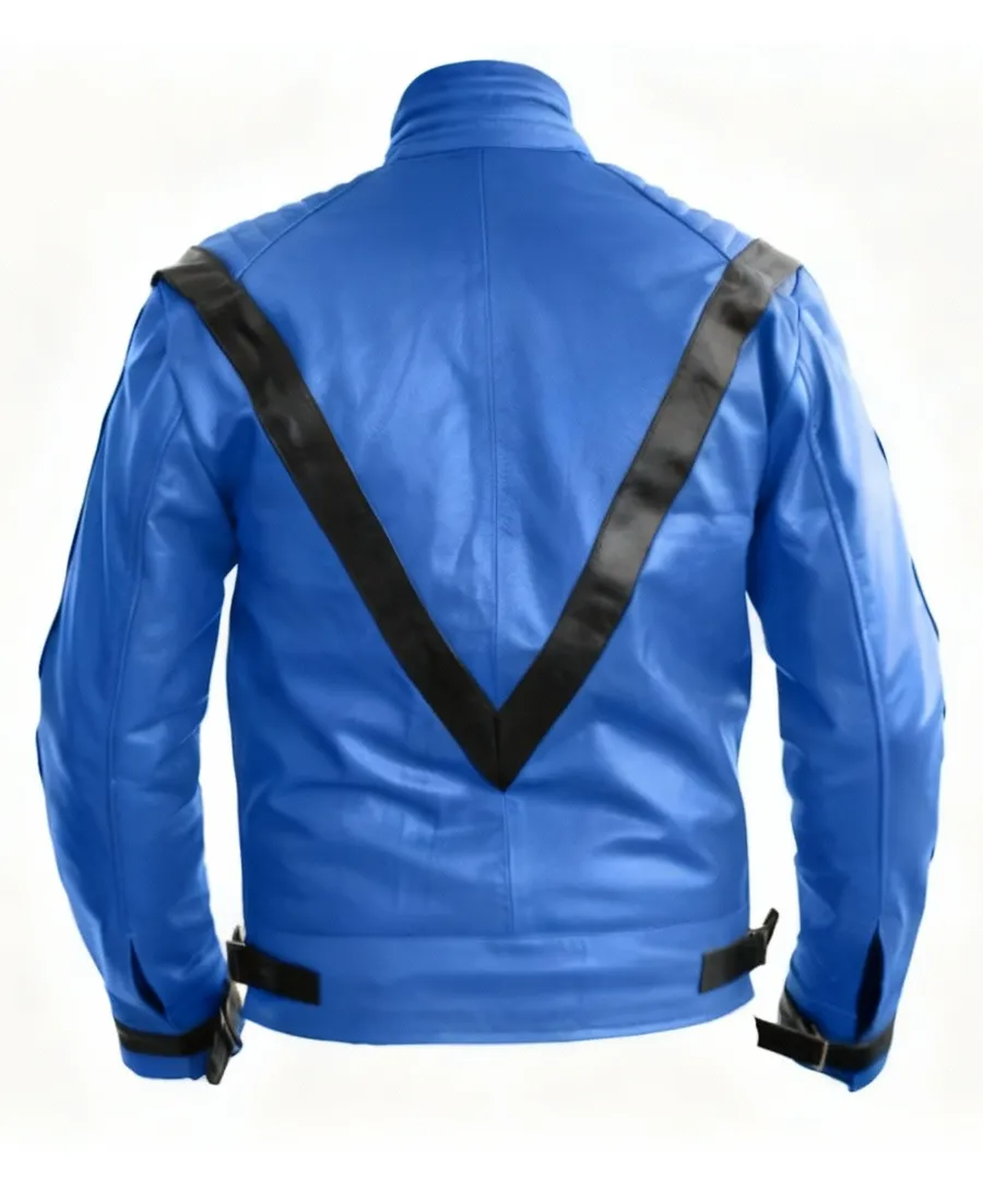 Men Blue and Black Genuine Leather Jacket - Image 2