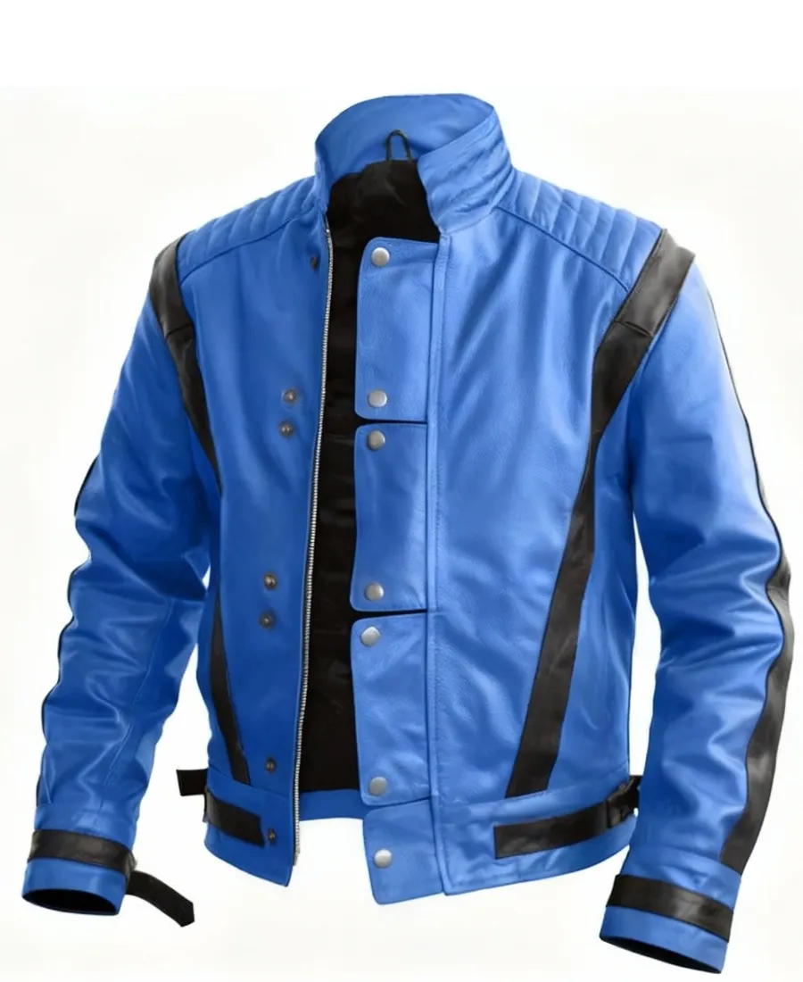 Men Blue and Black Genuine Leather Jacket