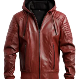 Men Red hooded Leather Biker Jacket - Trendy Leather Jackets