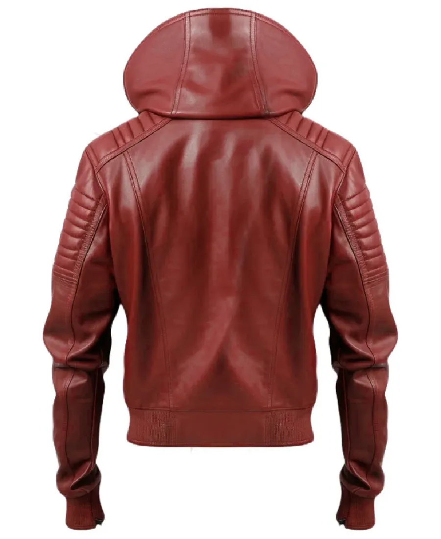 Men Red hooded Leather Biker Jacket Back - Trendy Leather Jackets