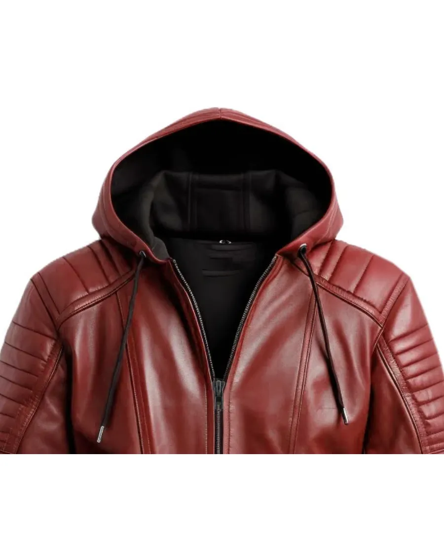 Men Red hooded Leather Biker Jacket Hood Close-up - Trendy Leather Jackets