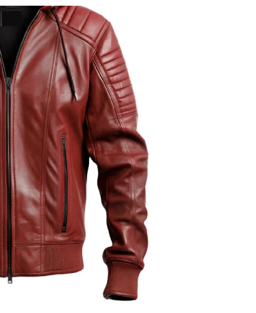 Men Red hooded Leather Biker Jacket Sleeve - Trendy Leather Jackets