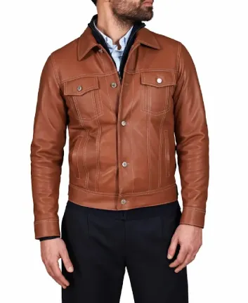 Men’s Akyo Black Nappa Biker Leather Jacket Brown Front