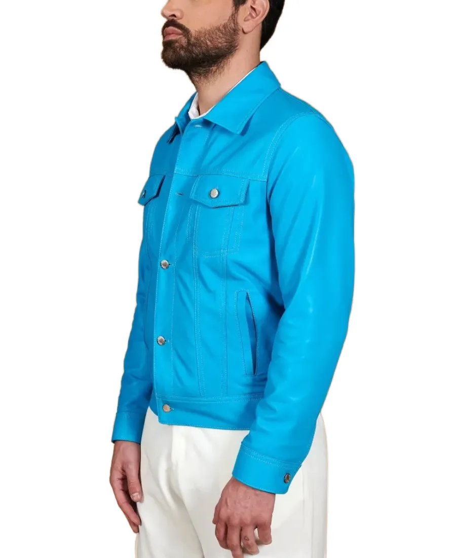 Men’s Akyo Black Nappa Biker Leather Jacket Turquoise Side - Trendy Leather Jackets