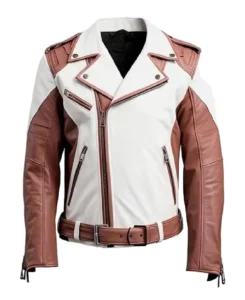 Men’s Brown and White Biker Leather Jacket