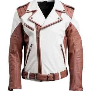 Men's Brown and White Biker Leather Jacket