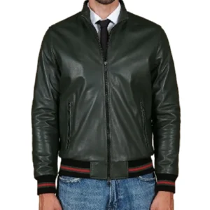 Men's Dark Green Natural Bomber Leather Jacket Front - Trendy Leather Jackets