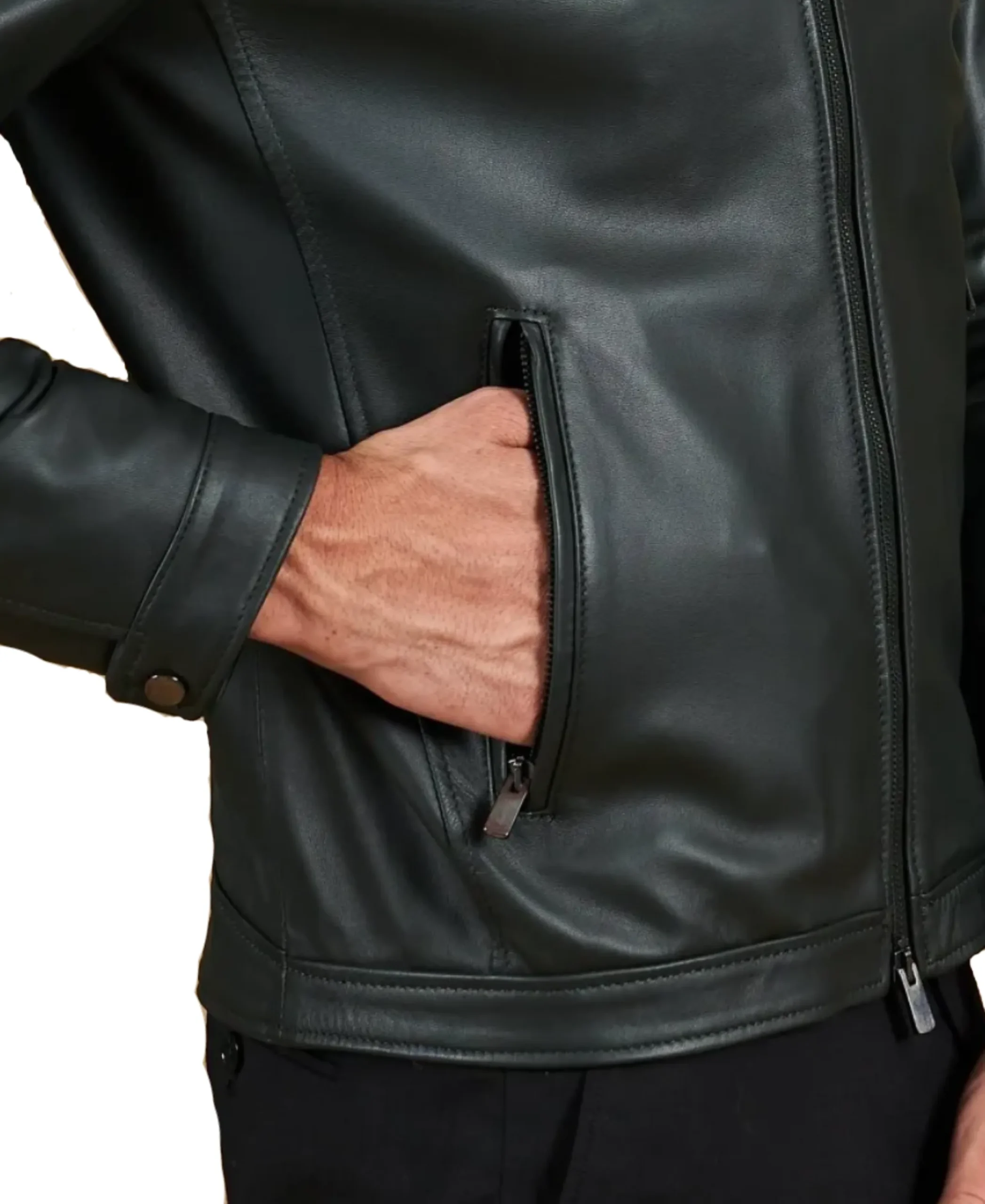 Men's Dark Green Natural Leather Jacket Pocket Close-Up - Trendy Leather Jackets
