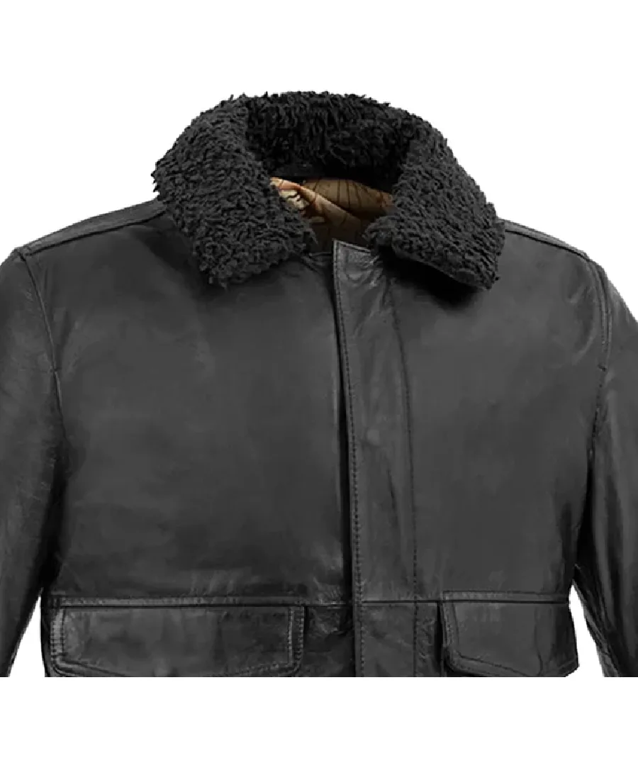 Men's Fashion Black Bomber Leather Jacket Collar Close-Up (1) - Trendy Leather Jackets