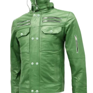 Men's Green High Collar Leather Jacket - Trendy Leather Jackets