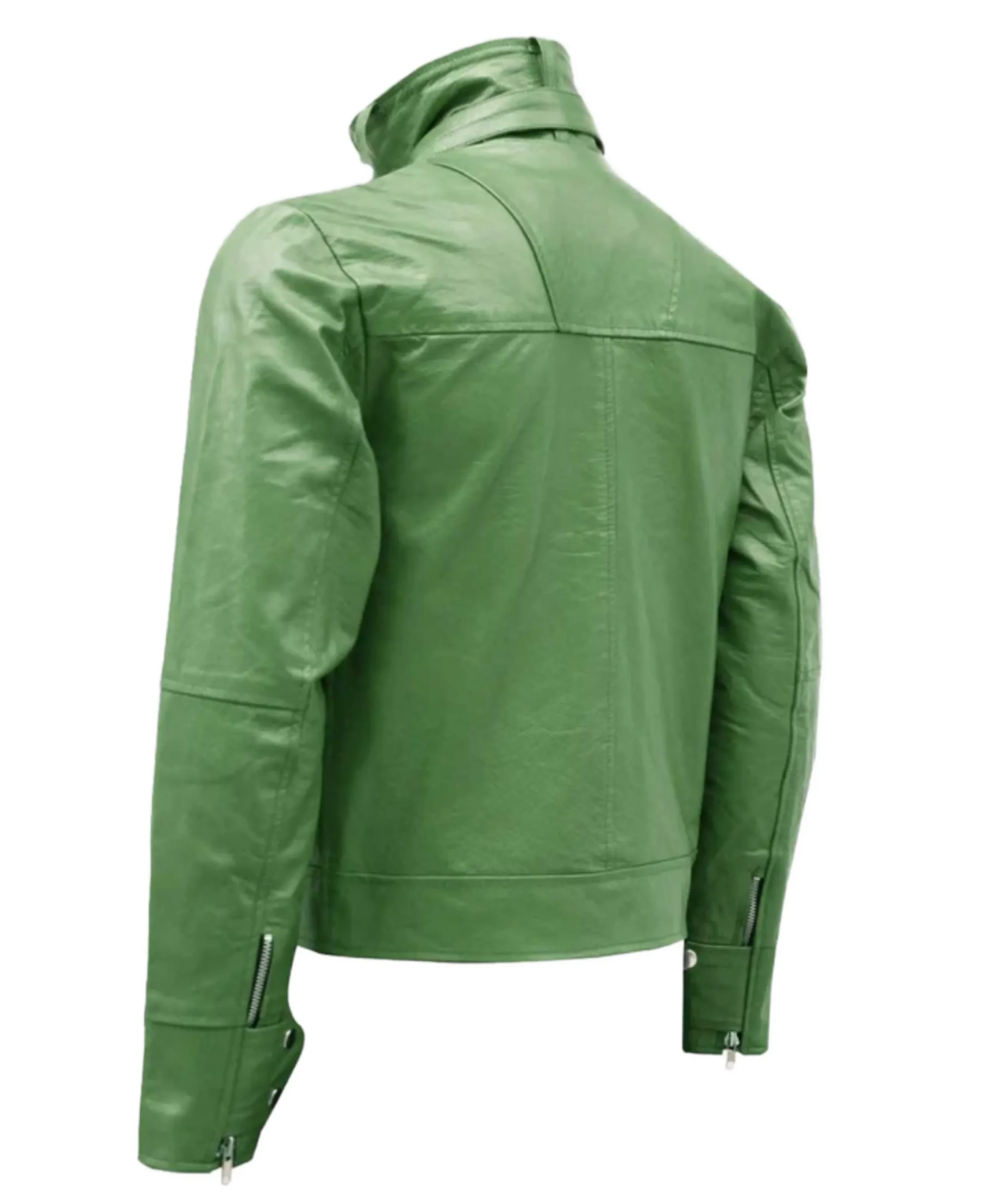 Men's Green High Collar Leather Jacket Back - Trendy Leather Jackets