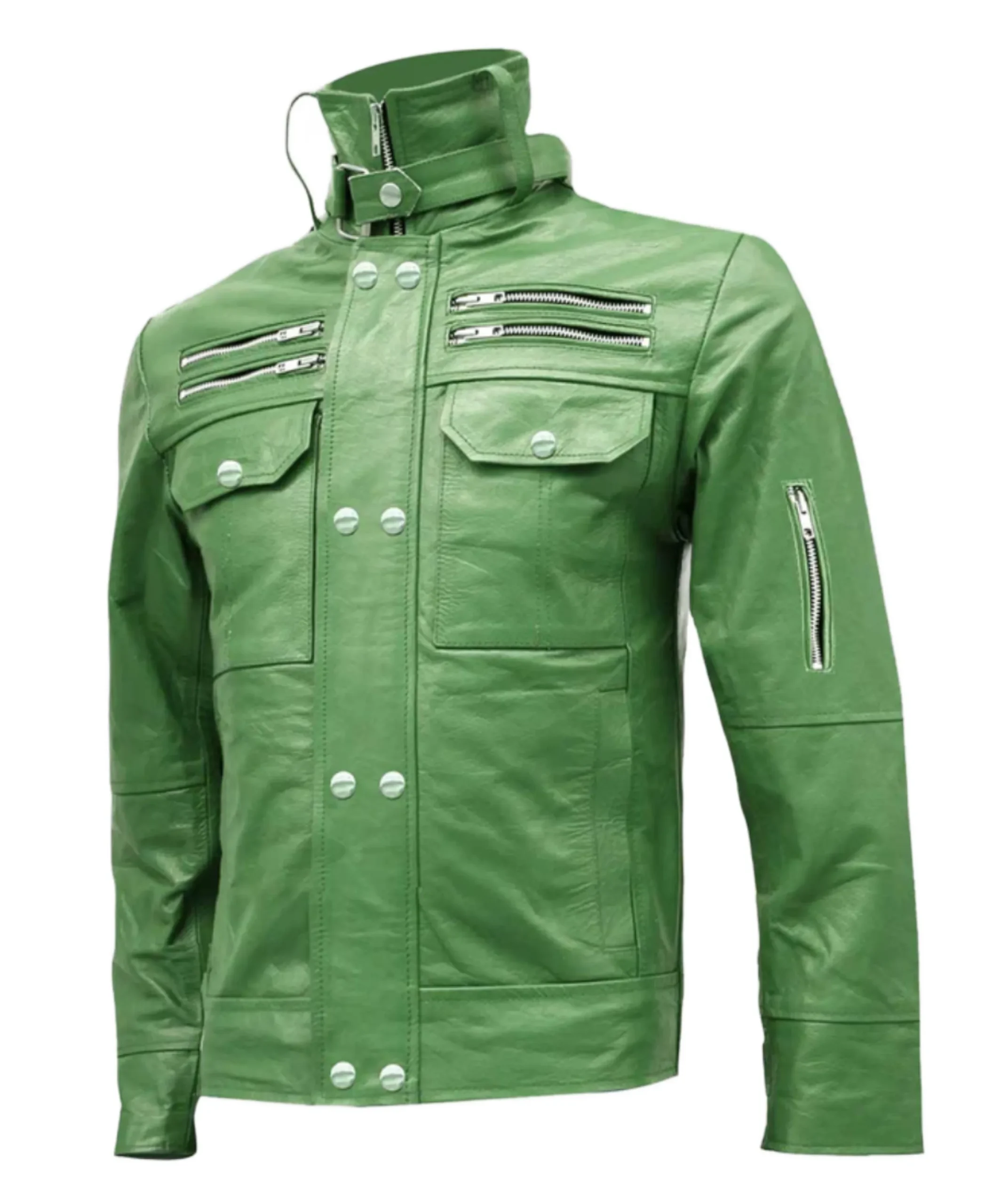 Men's Green High Collar Leather Jacket - Trendy Leather Jackets