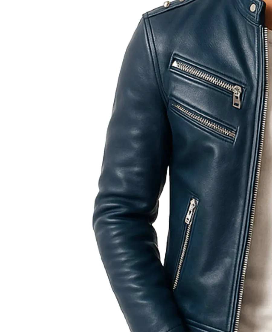 Men's Jaxon Blue Leather Jacket Sleeve - Trendy Leather Jackets