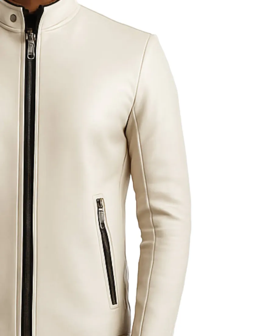 Men's Logan White Leather Jacket Close-up - Trendy Leather Jackets