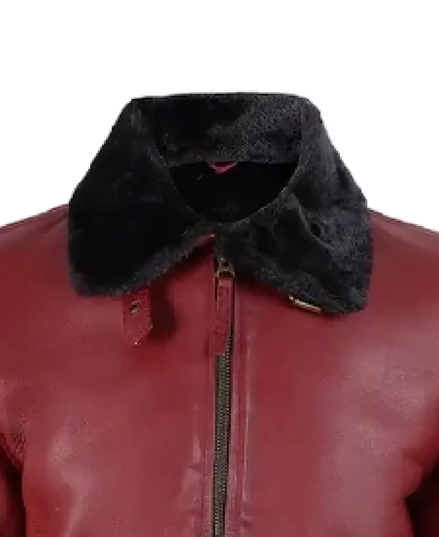 Men's Maroon Shearling Bomber Jacket Collar