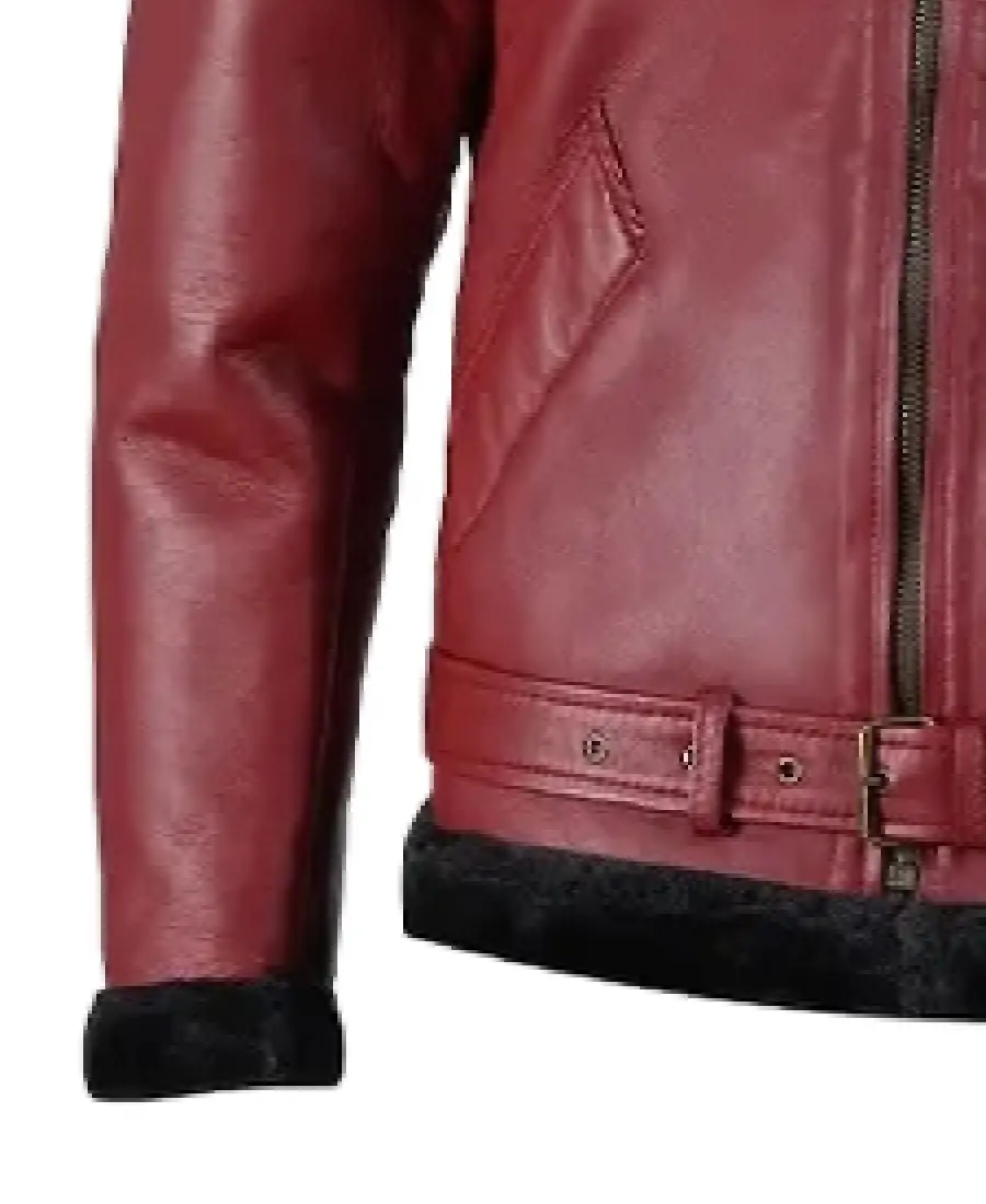 Men's Maroon Shearling Bomber Jacket Sleeves