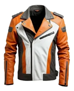 Men’s Orange White Biker Leather Jacket
