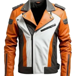 Men's Orange White Biker Leather Jacket