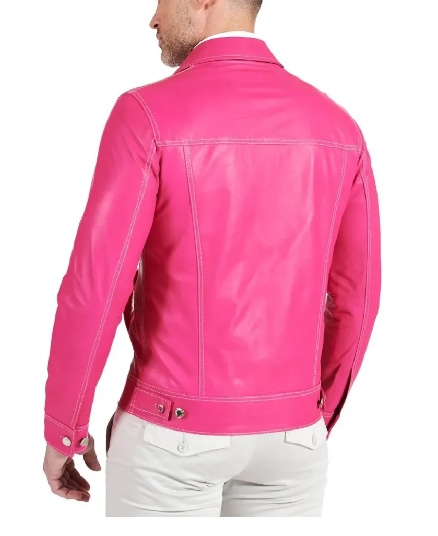 Men's Pink Fuchsia Natural Biker Leather Jacket Back - Trendy Leather Jackets