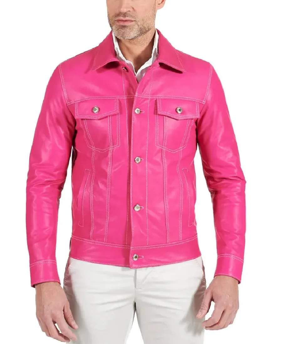 Men's Pink Fuchsia Natural Biker Leather Jacket Front - Trendy Leather Jackets