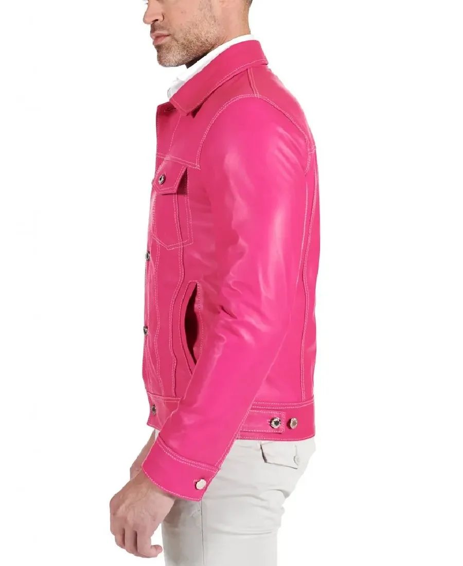Men's Pink Fuchsia Natural Biker Leather Jacket Side - Trendy Leather Jackets