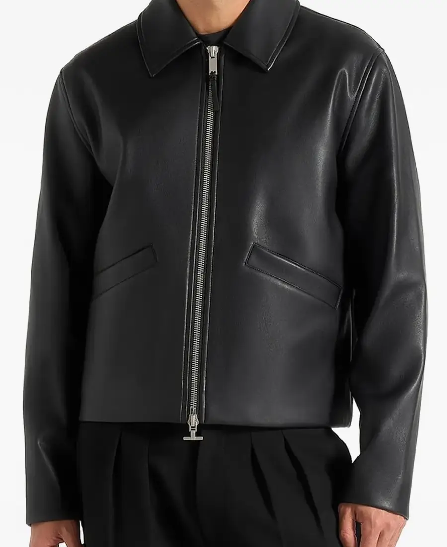 Men's Pleats Detail Dual Zip Leather Jacket Front