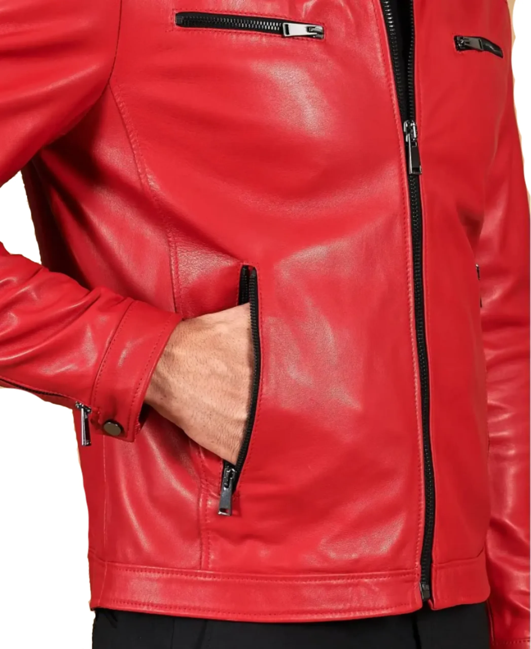 Men's Red Nappa Leather Jacket Pocket Close-Up - Trendy Leather Jackets