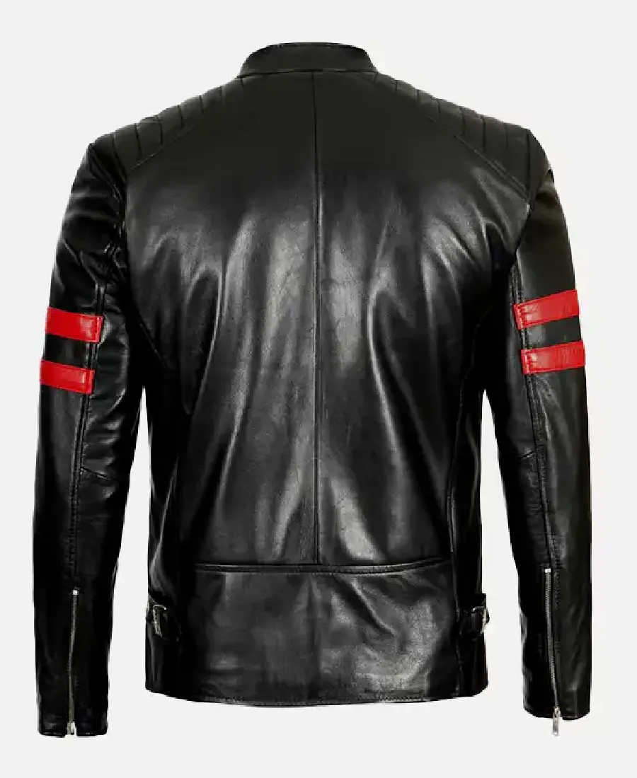 Men’s Red Stripes Black Motorcycle Leather Jacket Back - Trendy Leather Jackets