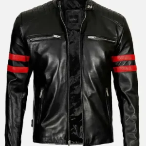 Men’s Red Stripes Black Motorcycle Leather Jacket Front - Trendy Leather Jackets