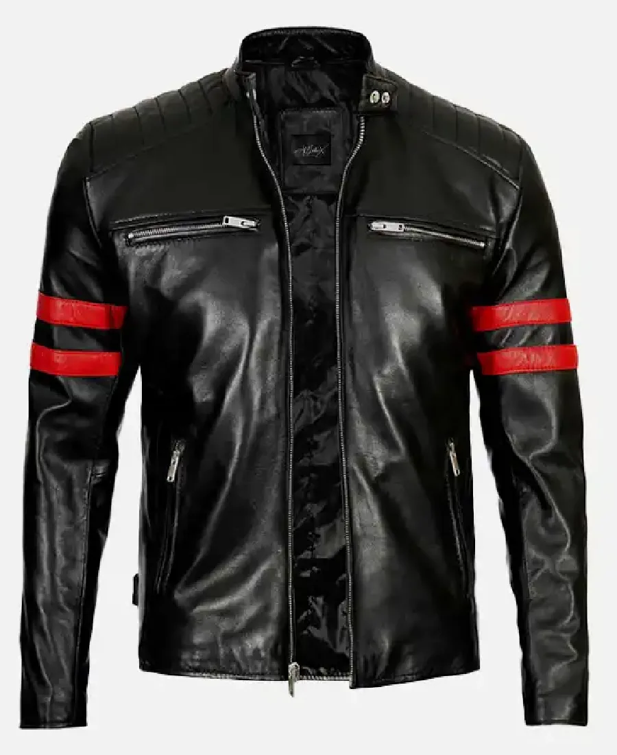 Men’s Red Stripes Black Motorcycle Leather Jacket Front - Trendy Leather Jackets