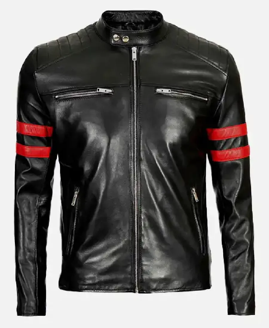 Men’s Red Stripes Black Motorcycle Leather Jacket - Trendy Leather Jackets