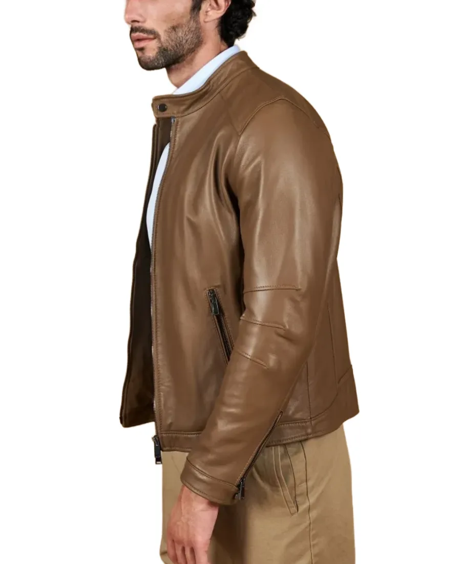 Men's Taupe Brown Leather Jacket Side - Trendy Leather Jackets