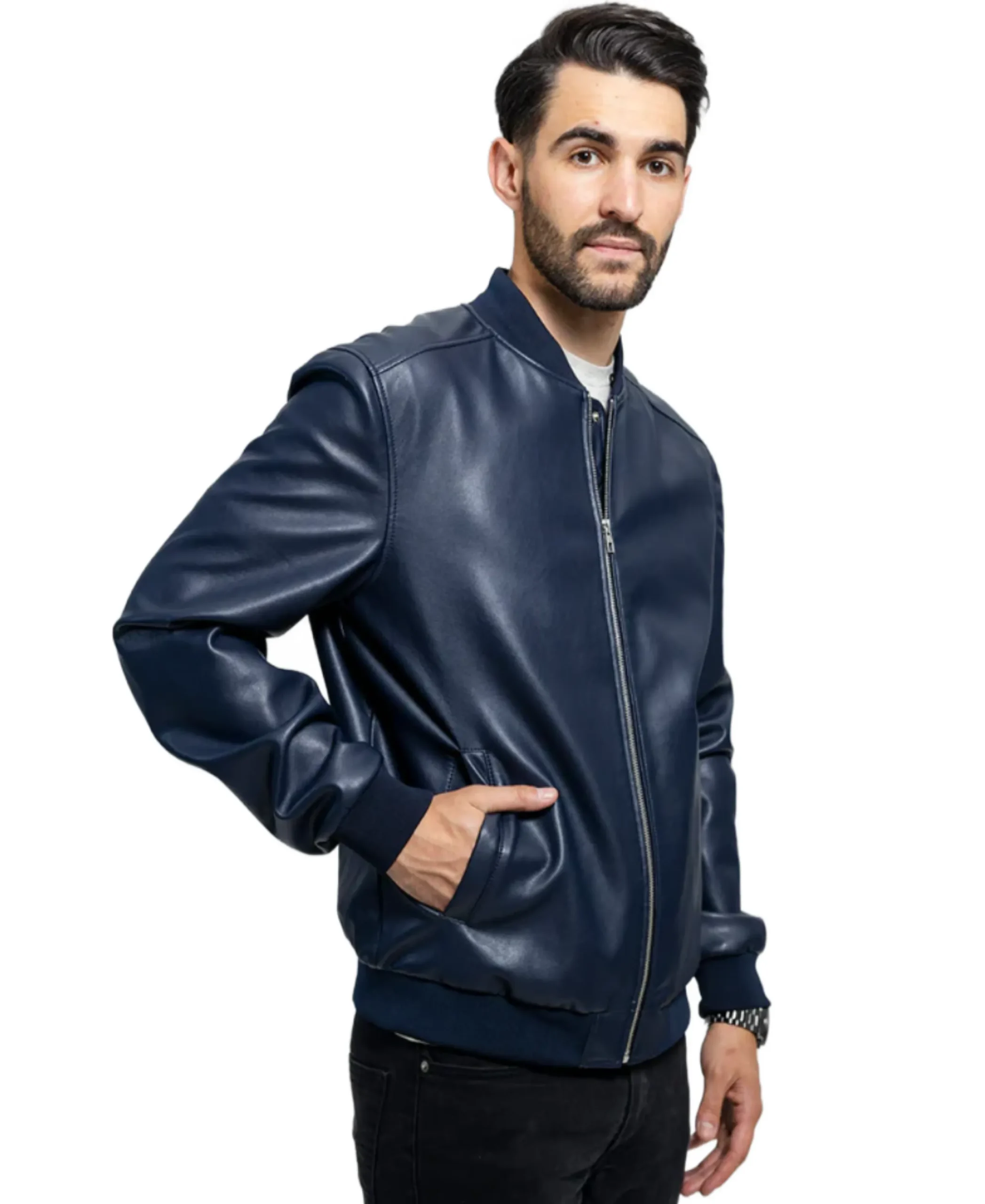 Men's Vegan Blue Faux Leather Jacket Side - Trendy Leather Jackets