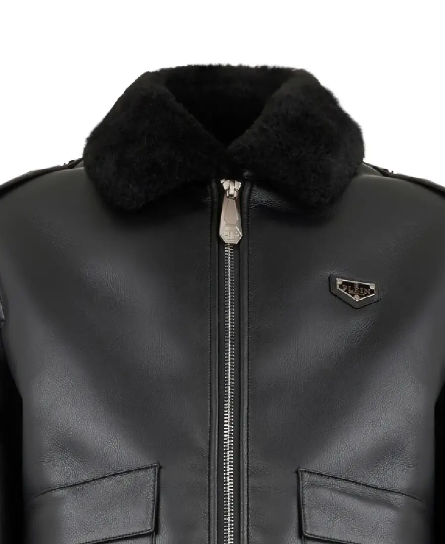 Philipp Plein Texture Collar Black Leather Jacket Front