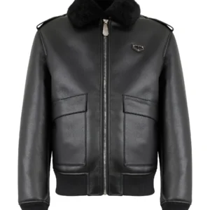 Shop The Philipp Plein Texture Collar Black Leather Jacket
