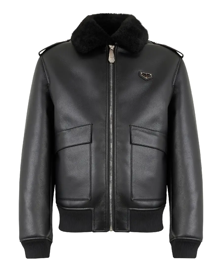 Shop The Philipp Plein Texture Collar Black Leather Jacket
