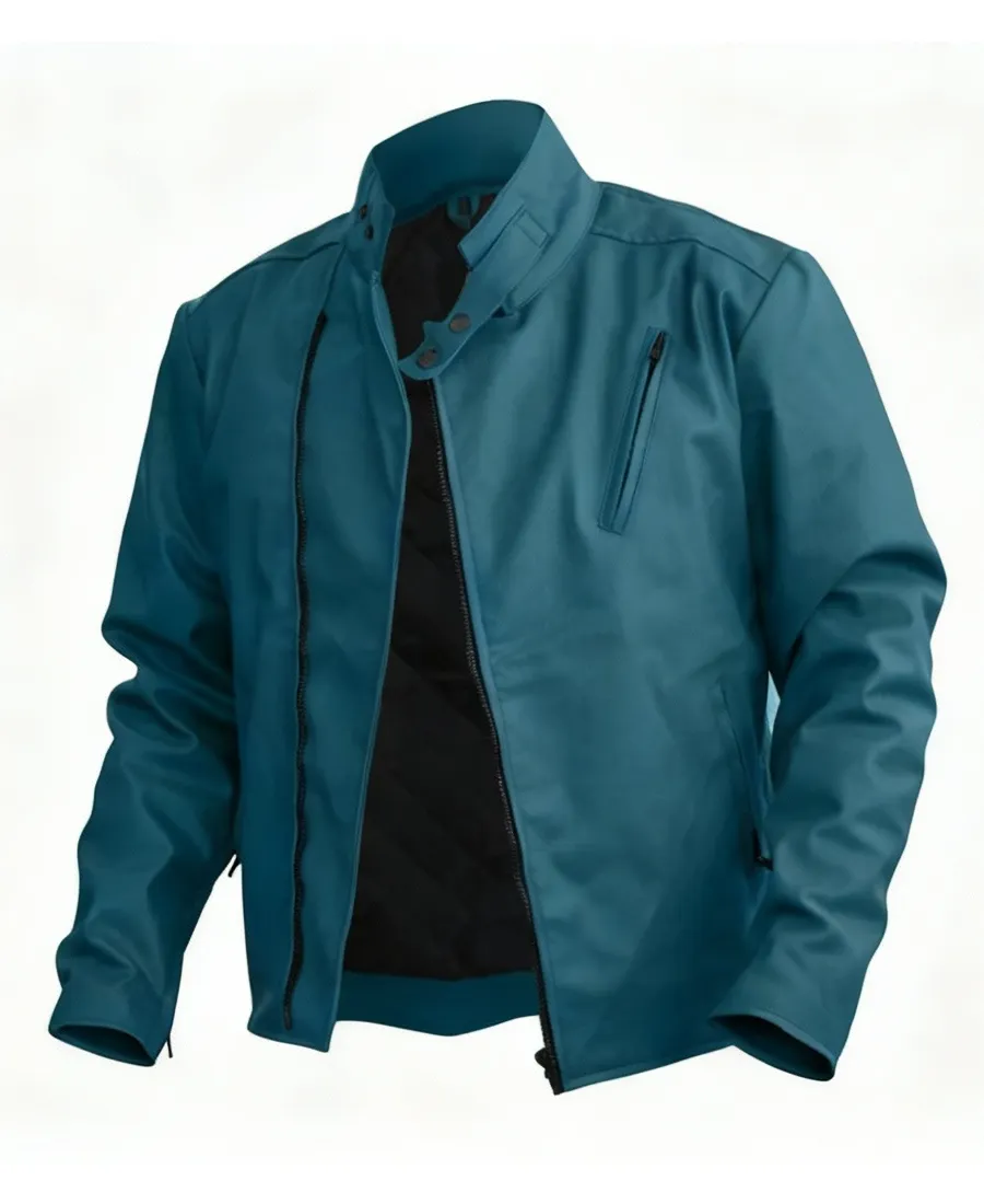 Stylish Sea Green Synthetic Leather Jacket - Image 3