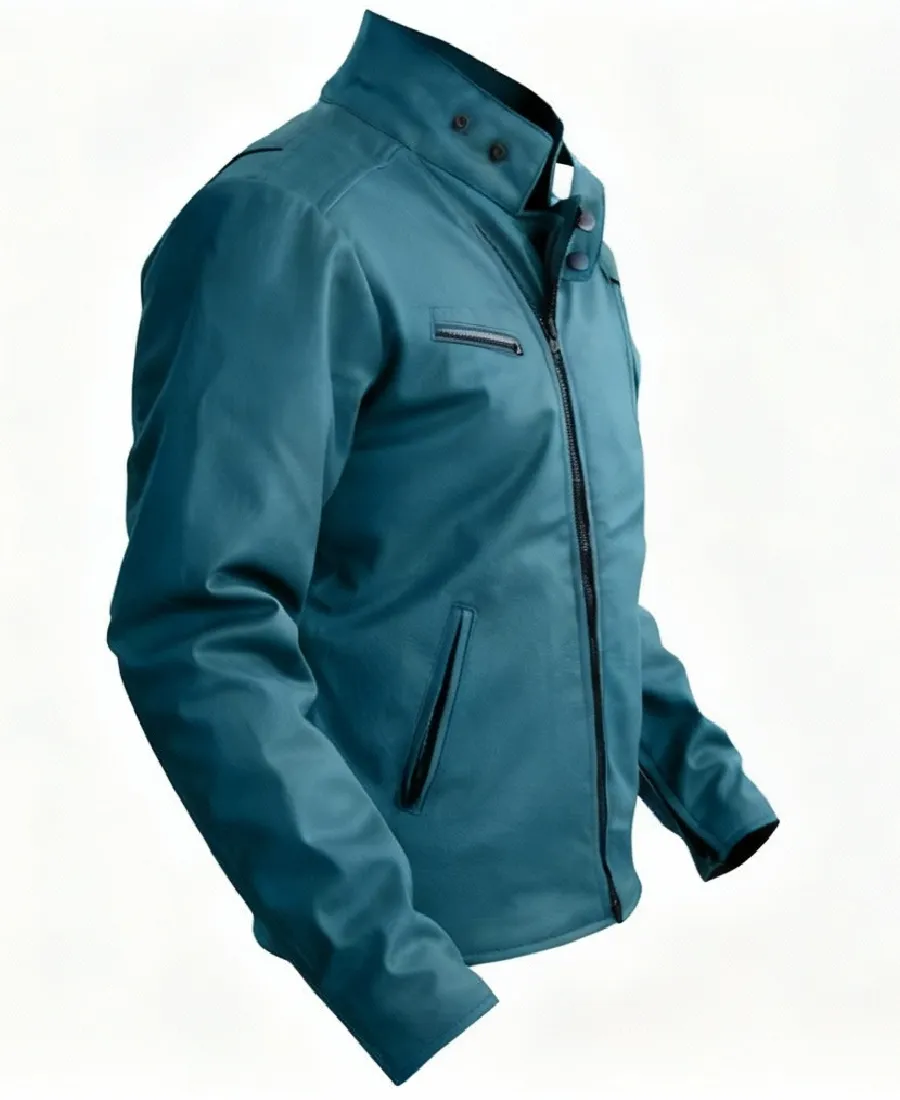 Stylish Sea Green Synthetic Leather Jacket - Image 4