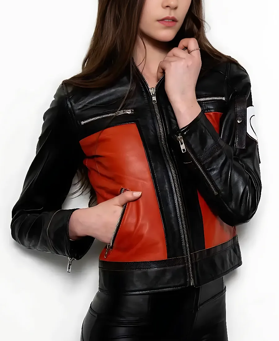 Women's Black And Red Anime Biker Leather Jacket Front - Trendy Leather Jackets