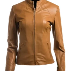 Women's Camel Plain Leather Jacket