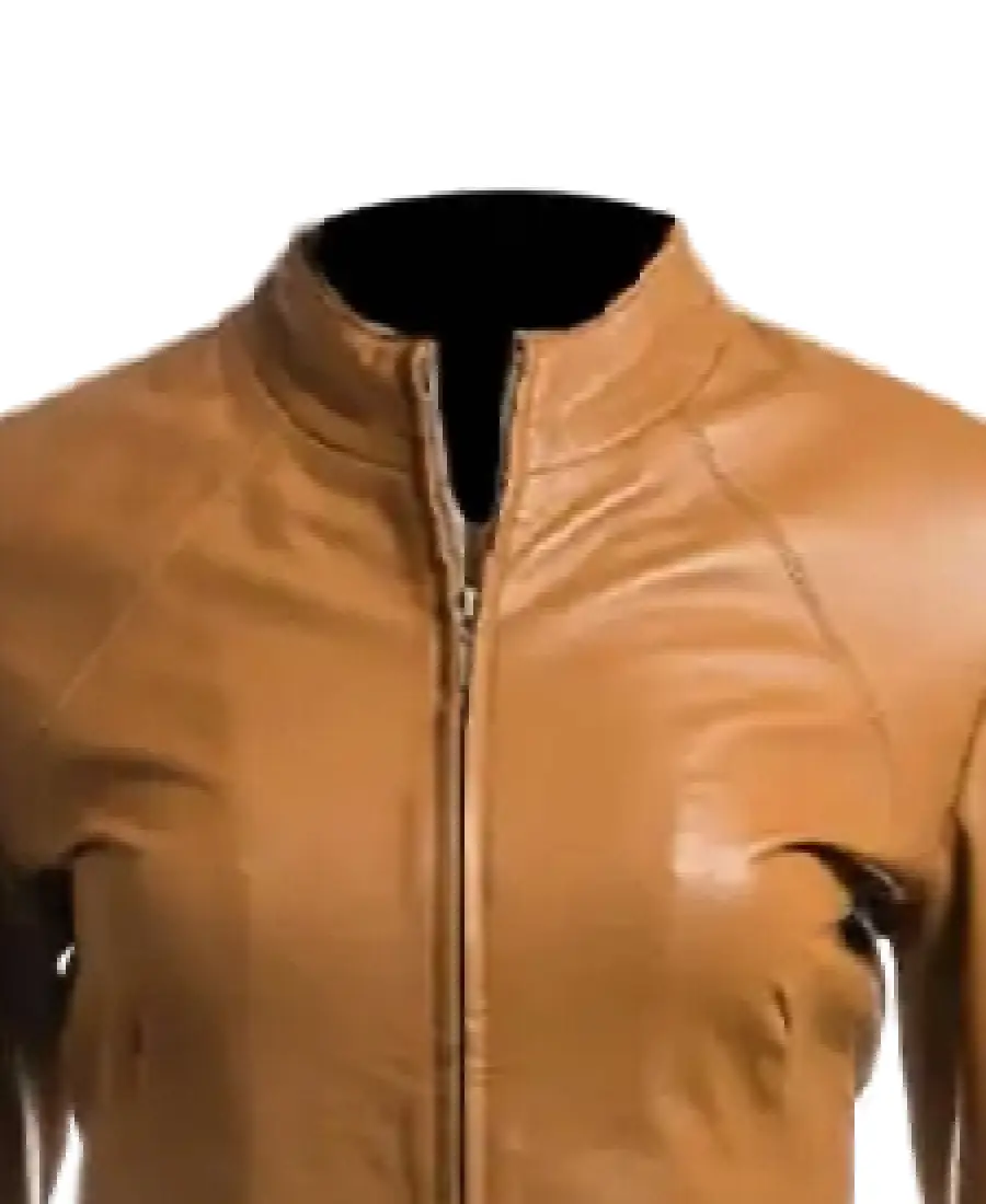 Women's Camel Plain Leather Jacket Collar
