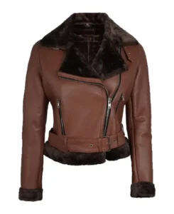Women’s Cognac Shearling Moto Leather Jacket
