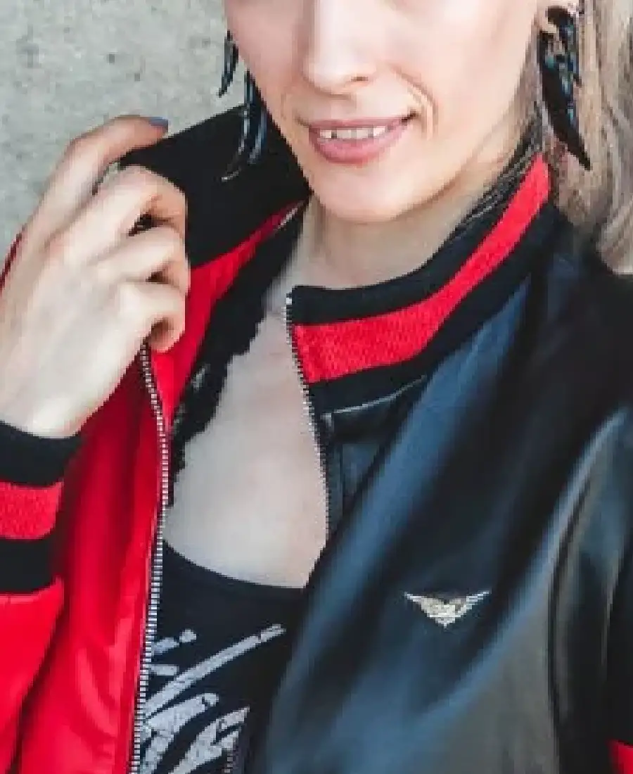 Women's Number Print Bomber Leather Jacket Collar