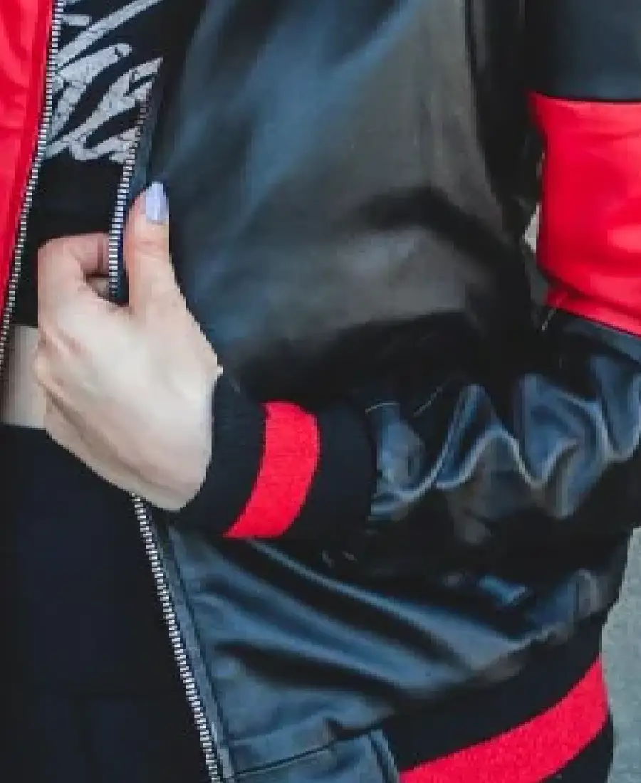 Women's Number Print Bomber Leather Jacket Sleeves