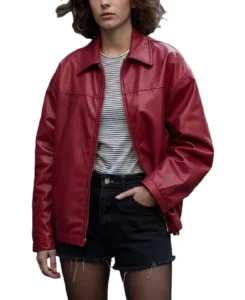 Women’s Red Oversized Bomber Leather Jacket