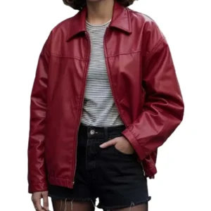 Women's Red Oversized Bomber Leather Jacket